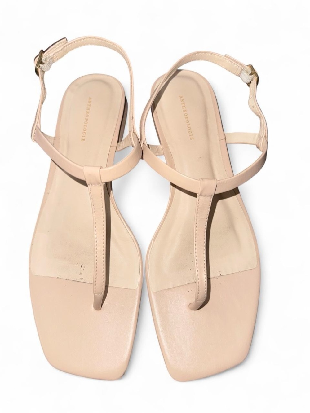 Anthropologie Blush Nude Leather T-Strap Sandals